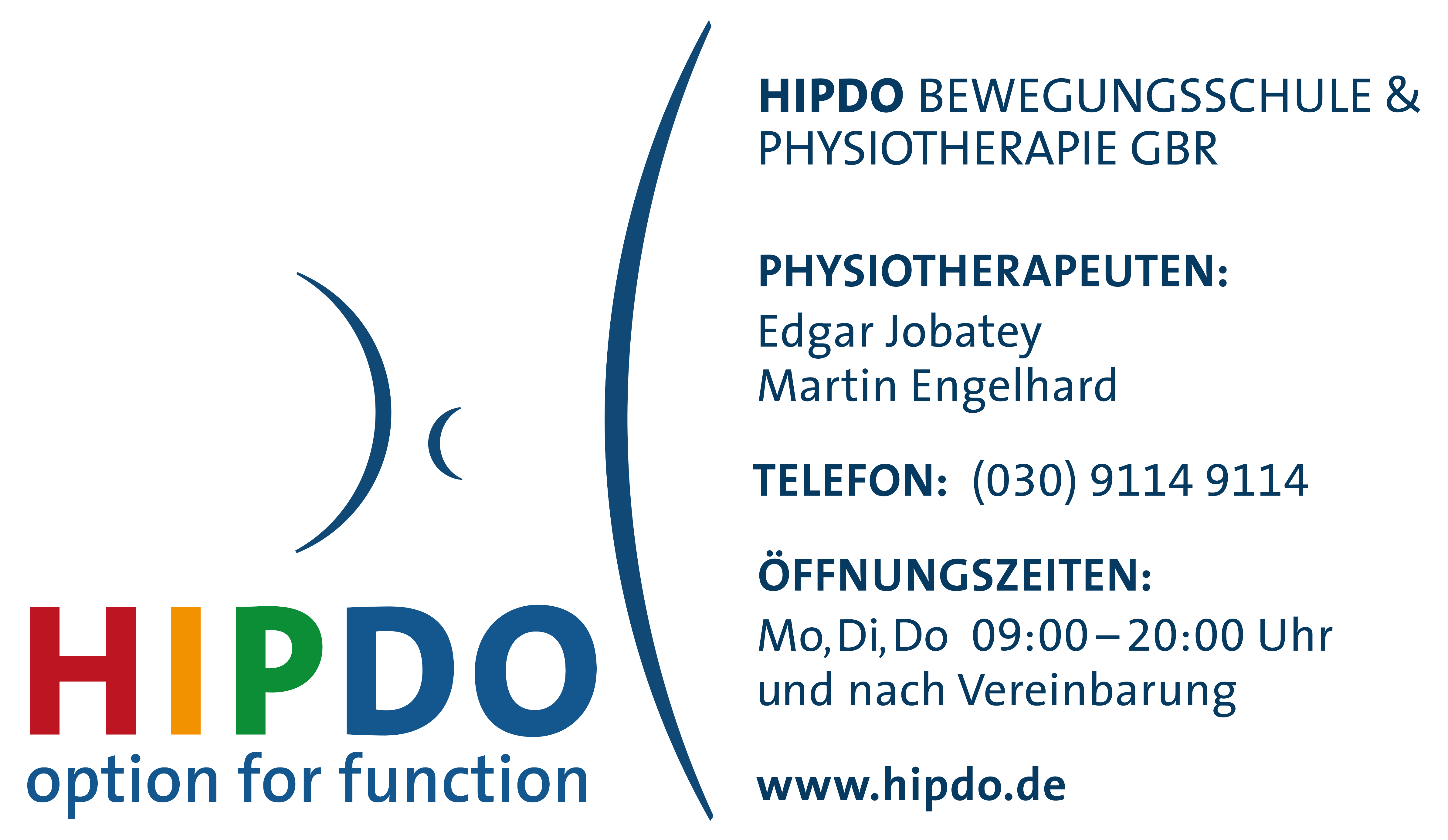 HIPDO Bewegungsschule & Physiotherapie GbR, Edgar Jobatey, Martin Engelhard, Telefon: 030 9114 9114, Treskowstr. 63/64, 13156 Berlin, Öffnungszeiten: Mo, Di, Do: 09.00 Uhr - 20.00 Uhr und nach Vereinbarung, Physiotherapiepraxis